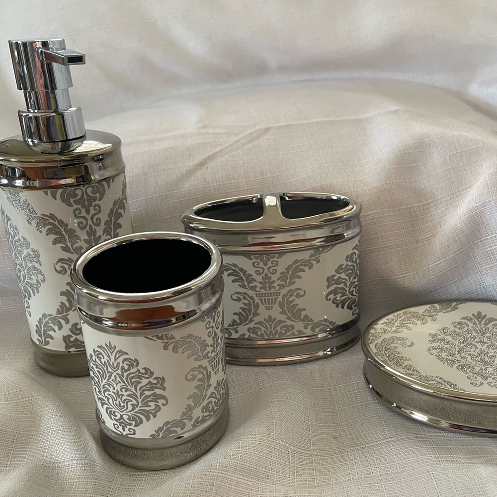 - Moda at Home Damask Bath Countertop Collection- 4 pc Set - NWT